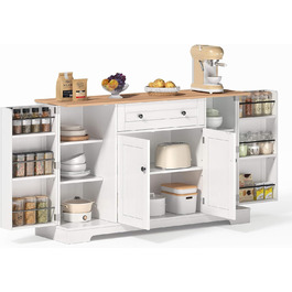 Багатофункціональний буфет-біликовий стіл 138 см з шухлядою, полицями та регульованими полицями – з кріпленням від перекидання, для кухні, вітальні та спальні (Натуральний+білий)