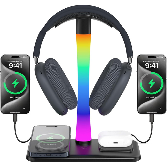 Підставка для навушників з бездротовим зарядним пристроєм, RGB-підсвічуванням, сумісна з Airpod Max, Airpod Pro/3/2, iPhone 16/15/14/13/12/11, Samsung, ідеальний подарунок для геймерів, чорний колір