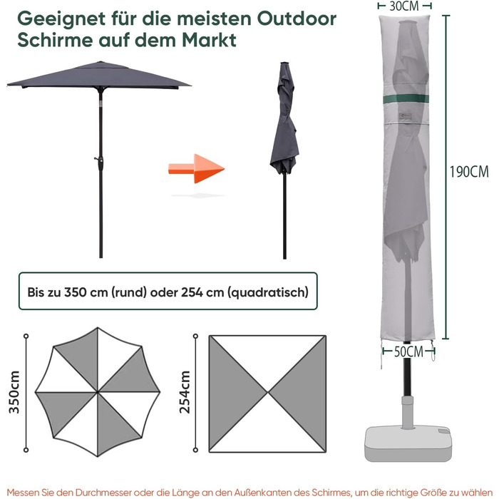 Чохол для садового парасоля Sekey: захисна накидка з кріпленням, водонепроникний, 190 x 30/50 см, світло-сірий
