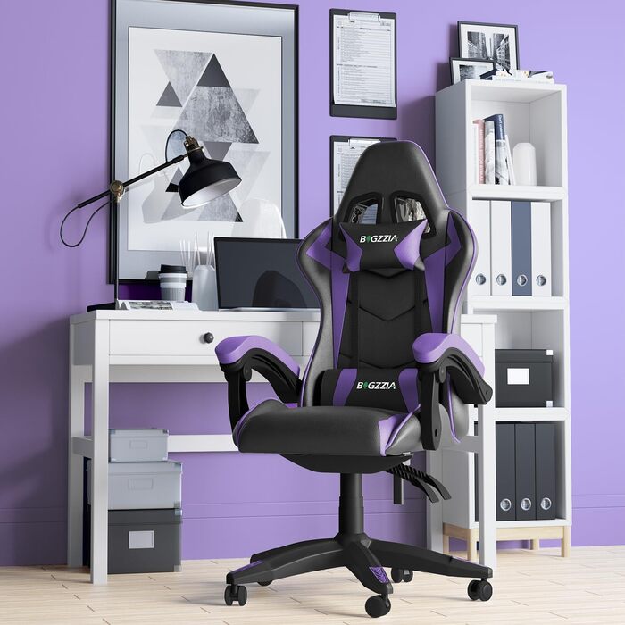 Ігровий крісло Bigzzia Ergonomічне, для підлітків та дорослих, з підголовником та підлокітниками (фіолетовий)