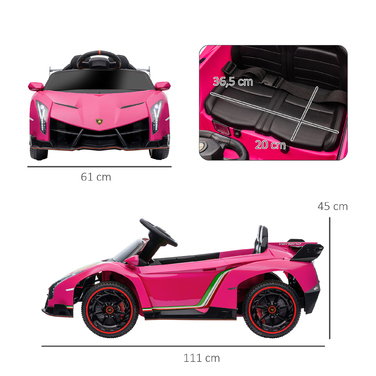 Електромобіль HOMCOM для дітей, ліцензійна модель Lamborghini Veneno, швидкість до 3-7 км/год, двері-крила, музичний плеєр, пульт дистанційного керування, рожевий