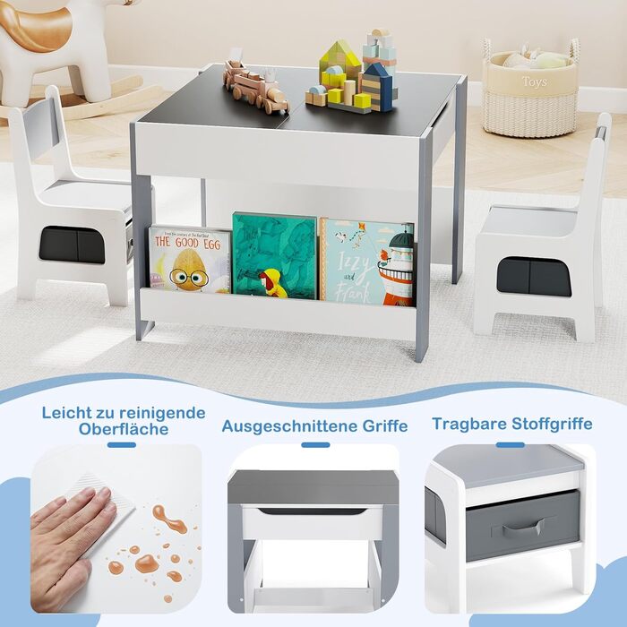 Детский стол со стульями COSTWAY 3 в 1: деревянный стол для рисования с ящиком и 2 стульями, для детей от 3 лет (Серый, Комбинированный)