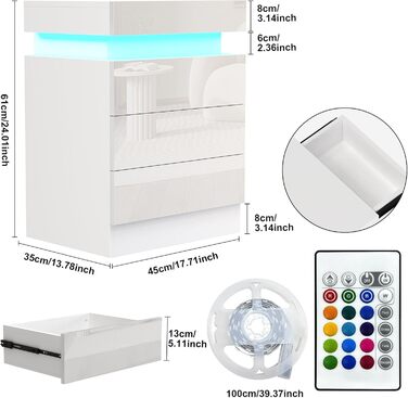 Нічний столик білий з екошкірою, 3 висувні ящики та шафка з відкидною кришкою, 45x35x61 см