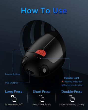 Електричні грілки для рук VTHW, 2 шт. - перезаряджаються, 20 годин тепла, 3 температурні режими, USB, для спорту та Raynaud's/артрит (чорний)