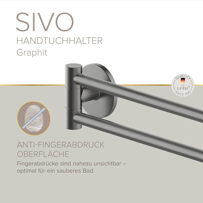 Настінний тримач для рушників Lenz Juna in, графіт, 40 см, з антибліковою поверхнею, для кріплення на стіну (на клей або шурупами)