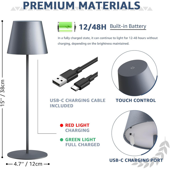 Набір з 2 LED-лампами настільними бездротовими, USB-C, диммування, сенсорне управління, для вулиці, кемпінгу, ресторану, тераси (чорний, сірий)