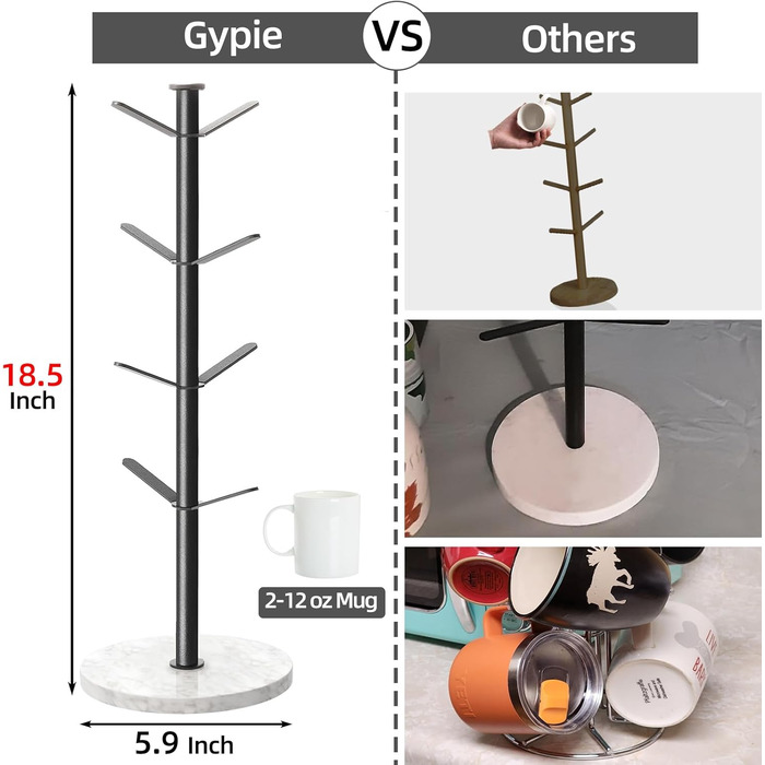 Підстаканник Gypie Marble, 8 гачків, міцний, підставка для чашок для кухні, стійка, кафе, чорний