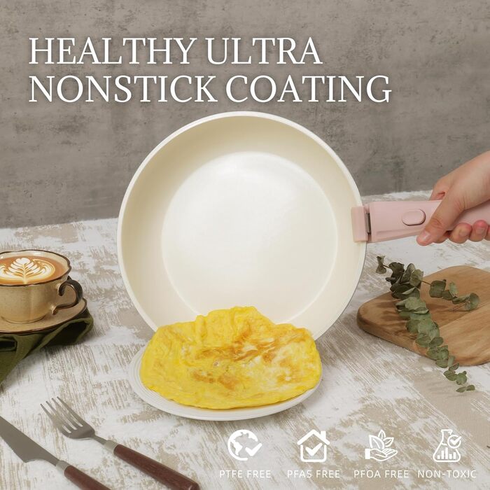 Набір каструль та сковорідок 23 частини з антипригарним покриттям. Підходить для всіх типів плит, духовка, без PFAS, PTFE, PFOA. Кремово-білий (8 предметів рожевий)