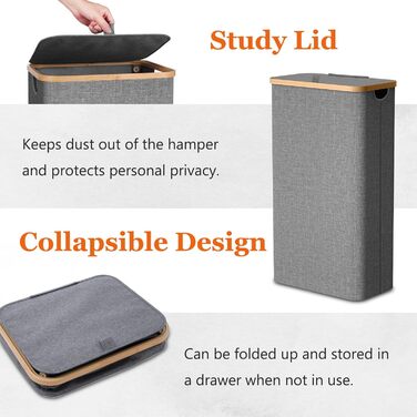 Кошик для білизни з кришкою 70л, вузький, з бамбуковими ручками та внутрішньою кишенею, складний, портативний, для пральні, йоги, темно-сірий 70л