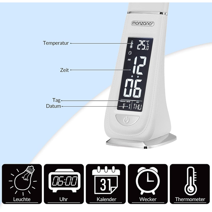 Настільна лампа з годинником, будильником, температурою, календарем, з можливістю затемнення (білий)