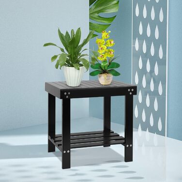 Банкетка для ванної кімнати VaeFae з бамбука, табурет для гоління з підставкою для ніг та полицею для аксесуарів, чорний колір