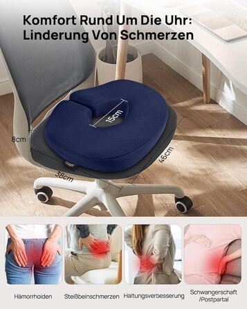 Ортопедична подушка-кільце Feagar: ергономічний підкладник для копчика при геморої та ішіазі, регульований сидіючий круг для офісного стільця, авто та візка (Темно-синій, 60-100 кг)
