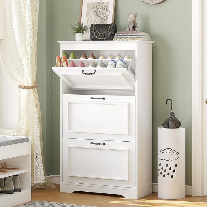 Шкаф для взуття Brinlawb з 3 дверцятами, білий. Комод для взуття, полиця для взуття з регульованими перегородками, для 14-18 пар. Дерев'яний шкаф для вхідної зони, коридору, вітальні.