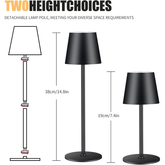 Бездротова LED-лампа настільна з регулюванням яскравості та 3 колірними температурами, сенсорне керування, зарядка через USB-C, для дому, кемпінгу, набір (чорний)