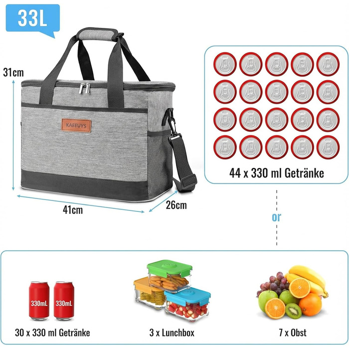 Сумка-холодильник 33л + 15л, складна, для пікніка, 14 год охолодження, велика термосумка для сім'ї, офісу, авто, кемпінгу, BBQ, подорожей, покупок, водонепроникна, блакитна