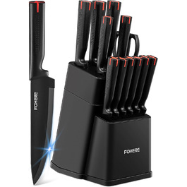 Набір ножів FOHERE 13 предметів з точилкою. Набір кухонних ножів з нержавіючої сталі з підставкою та інтегрованою точилкою (чорний)