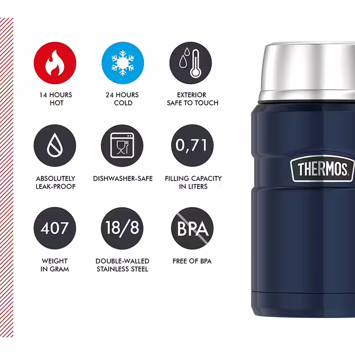 Термос для їжі Thermos Stainless King 710 мл, нержавіюча сталь, 14 годин гаряче / 24 години холодне, для супу, мюслі, рагу, герметичний, без ложки, синій, можна мити в посудомийній машині