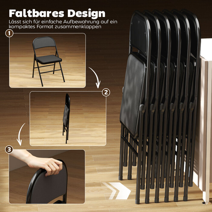 Набір з 2 складаних стільців, портативні офісні стільці, сталеві ніжки, складаний стілець для офісу, рецепції, зони очікування, штучна шкіра, чорний колір