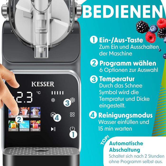 Машина для приготування сляш KESSER® - сляш-мейкер 2л - для сляш, коктейлів, фраппе, молочних коктейлів та замороженого соку - 25 хв та 6 програм - 3 стаканчика та книга рецептів в комплекті, антрацит