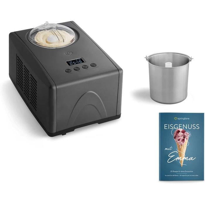 Електрична морозивомашина Springlane 1.5L з самоохолоджуючим компресором 150W, з нержавіючої сталі з знімним контейнером для льоду, з рецептами (морозиво)