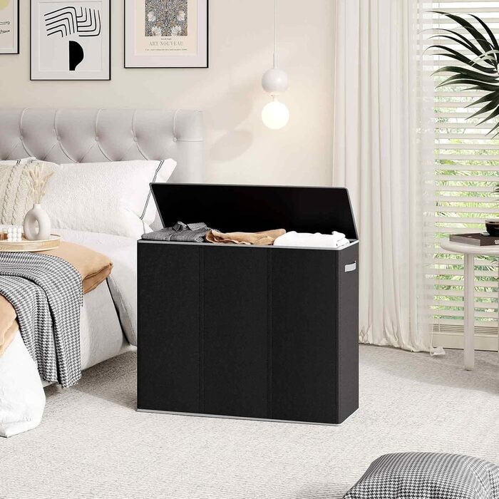 Кошик для білизни Relefree з 3 відділеннями, 180 л, великий кошик для сортування білизни, знімні кишені, з кришкою, для спальні, ванної кімнати, гуртожитку (Чорний)