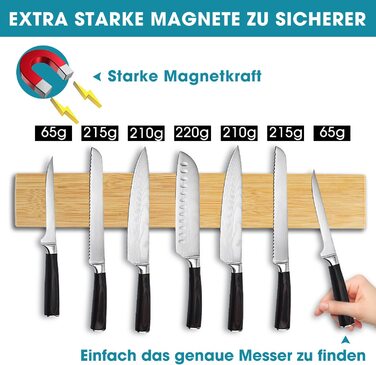 Покращений 50 см Магнітний ніж, надміцний тримач для ножів з нержавіючої сталі, настінний тримач з магнітною планкою, самоклеючий простий в установці, тримач для ножів з магнітною стрічкою для організованої кухні (02 бамбука-40 см)