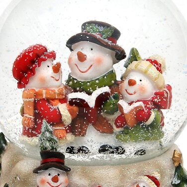 Деко-герої24 Снігова куля на хитромудро прикрашеній підставці, з музичним супроводом, мелодія Біле Різдво, Розміри L/B/H 12,5 x 12 x 14,5 см Сфера Ø 10 см (тріо сніговиків)