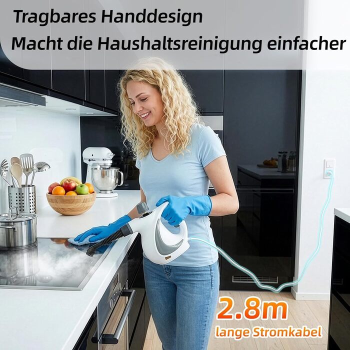 Портативний пароочисник для дому з аксесуарами, 3 бари, 1300 Вт, без хімікатів. Підходить для кухні, підлоги, плитки, диванів (білий)