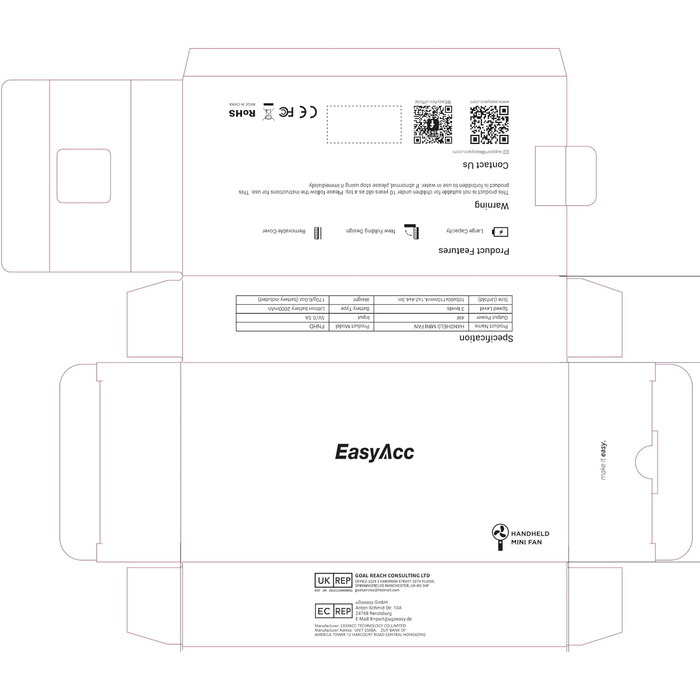 Портативний міні-вентилятор EasyAcc 5 швидкостей, 18 годин, USB, акумулятор, складний, чорний