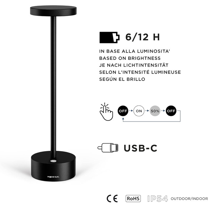 LED-стійка лампа Neu Stiletto IP54: USB-C, бездротова, регулювання інтенсивності, для дому та ресторану (чорний)