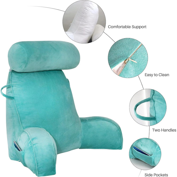 М'яке крісло-мішок для читання з велюру, для дорослих, з підтримкою спини та підлокітниками, з кишенею та знімним чохлом (кава) (синій/зелений)