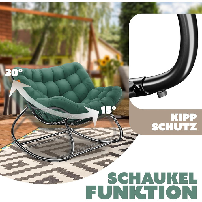Крісло-гойдалка KESSER XXL для вулиці та дому, зелений, до 150 кг, з подушкою, ергономічне, для саду та балкону