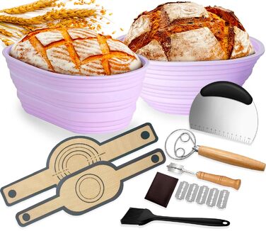 Набір для закваски Sauerteig: 650 мл скляний ферментер, силіконові корзини для випічки (круглі та овальні), 30-ти елементний набір для випічки хліба, легко мити та зберігати. Подарунок для початківців та досвідчених пекарів (8 шт. синій набір для фермента