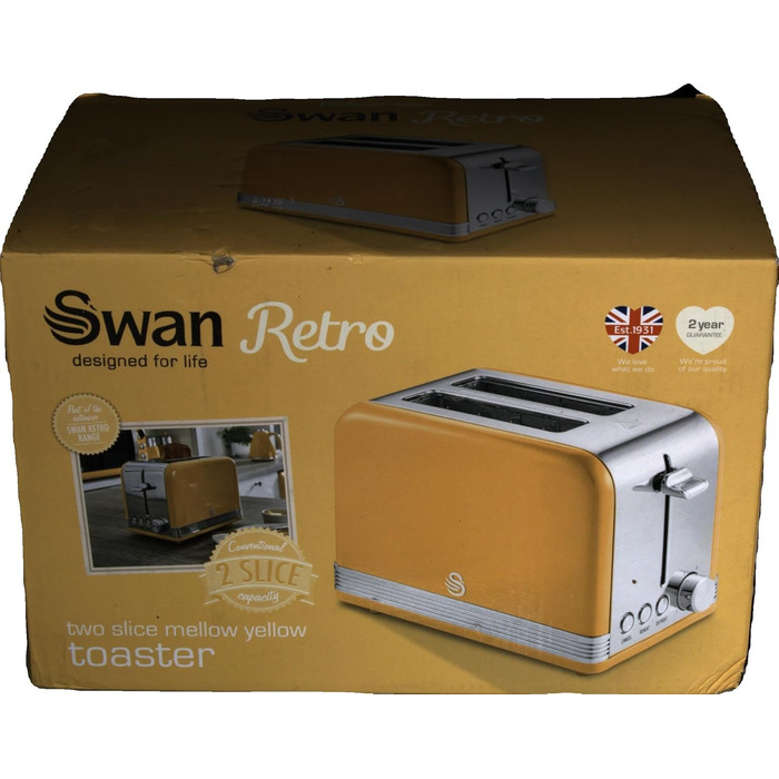 Тостер Swan Retro ST19010, 2-слотовий, широкий, 815 Вт, 6 режимів, нержавіюча сталь, жовтий, ретро-дизайн, розморожування, підігрів, скасування