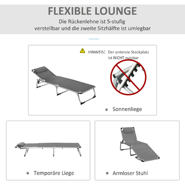 Outsunny Sun Lounger Садовий шезлонг Alu Fabric Шезлонг Relax Lounger 5-позиційний регульований складний ергономічний сітчастий тканина сірий 170 x 60 x 76 см | Аосом