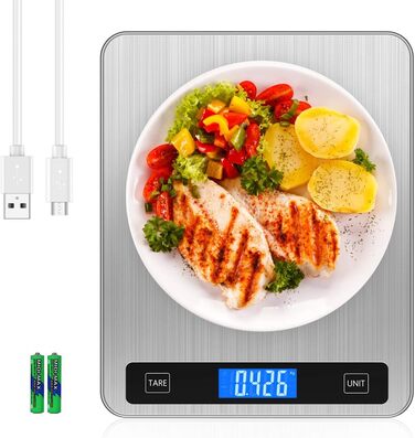 Кухонні ваги Brifit Digitale - 20 кг, з нержавіючою платформою, USB-зарядка, LCD-дисплей, функція тарування, 5 одиниць вимірювання