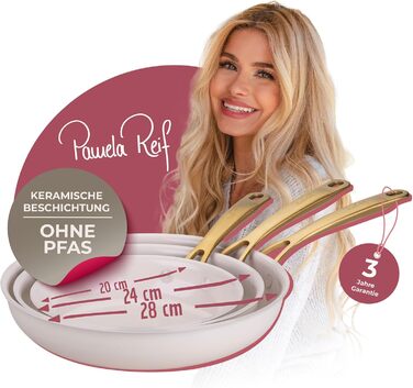 Набір сковорідок Fackelmann x Pamela Reif 3 шт. (20, 24, 28 см) – з переробленого алюмінію, бежевий, керамічне покриття без PFAS, стійке до 160°C, для всіх типів плит