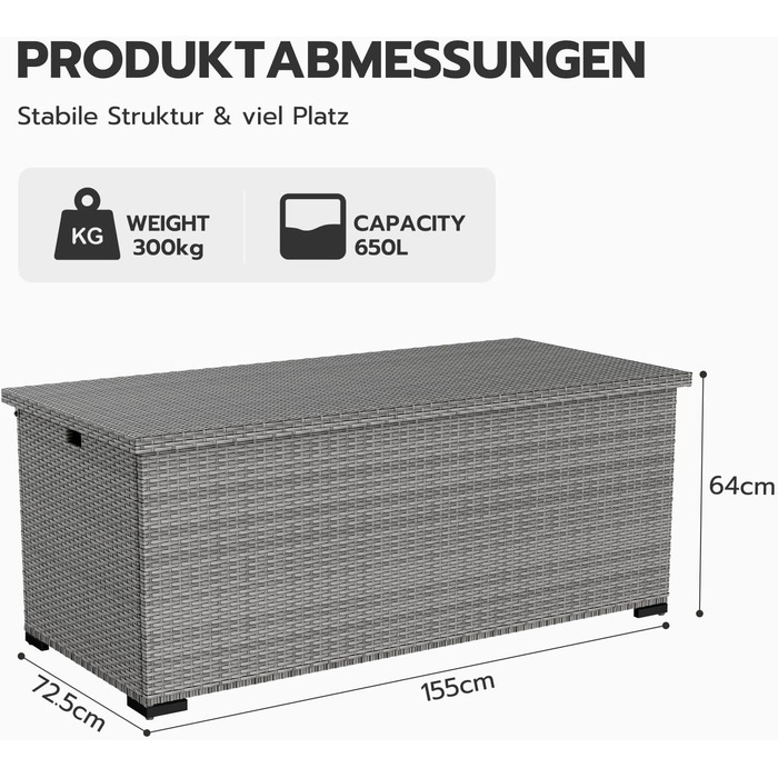 Водонепроникний садовий ящик Amopatio Gartenbox 650л з поліротангу, сірий. Ящик для подушок, металева коробка для зберігання з газліфтами для саду, балкону