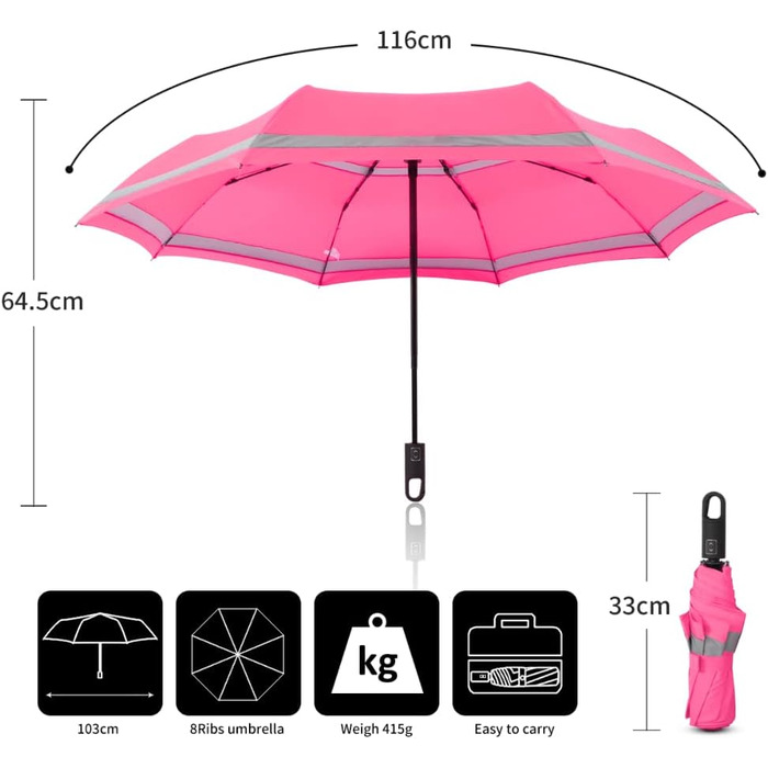 Швидка безпека для походів Трекінгова парасолька Відкрита-закрита автоматична штормонепроникна світловідбиваюча стрічка Pink