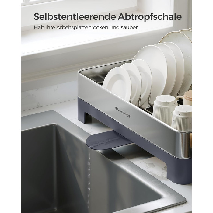 Стійка для сушіння посуду SONGMICS з нержавіючої сталі, з піддоном, для кухні, 31,7 x 57,2 см, срібно-сіра