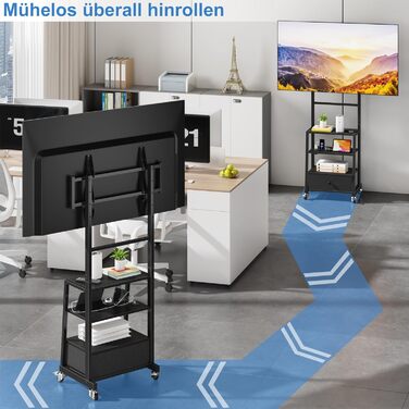 Підставка для телевізора на колесах з ящиком, чорна, 140 см. Підходить для телевізорів 32-75 дюймів