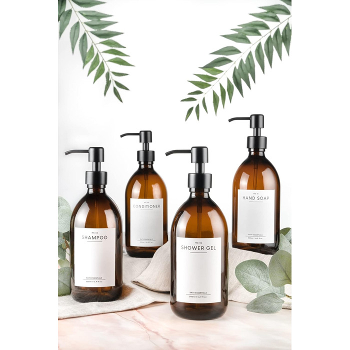 MONOKO Набір з 4 дозатори для мила, миючого засобу, шампуню та гелю для душу (500 мл) з нержавіючою помпою та наліпками, коричневий