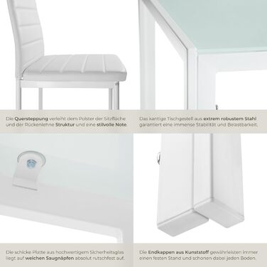 Набір меблів для кухні tectake: стіл та 4 стільці, білий колір, стільниця з безпечного скла, стільці з міцної екошкіри