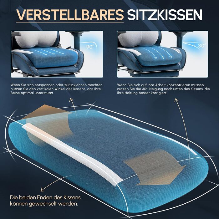 Dowinx Ігровий крісло, дихаючий офісний стілець з високоякісного матеріалу, ергономічний PC стілець з 4D підлокітниками, регульований і поворотний ігровий стілець з підніжкою, блакитний