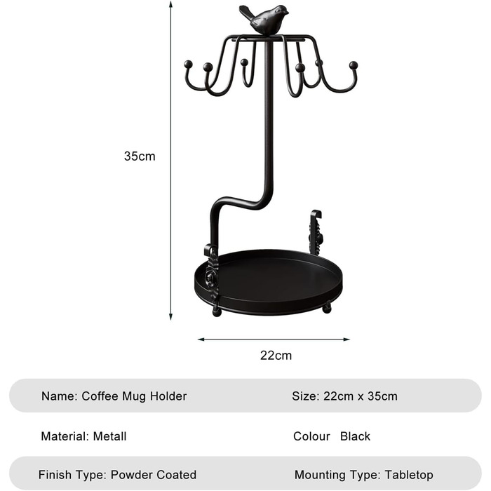 Підстаканник QHENS чорний, металевий з 6 гачками, зберігання кавових чашок і блюдець, декоративні птахи
