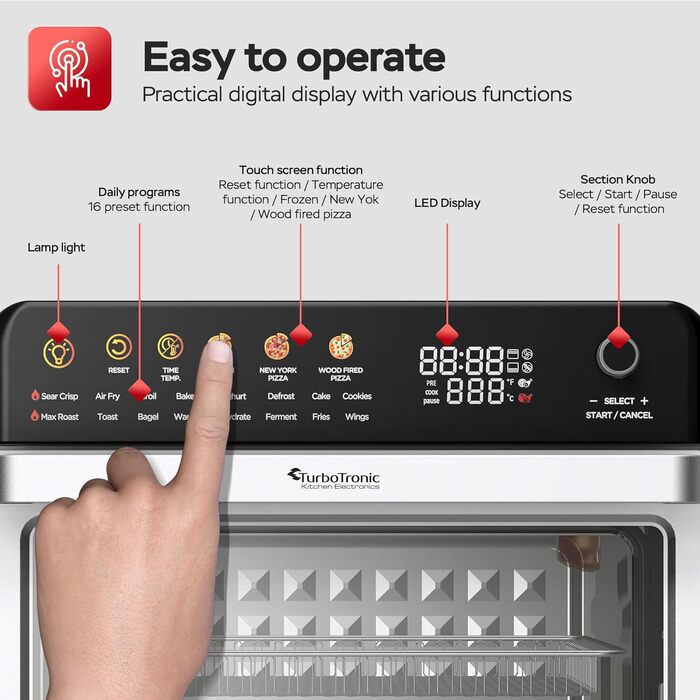 Багатофункціональна піч TurboTronic Multi Smart Oven 16-в-1: піч, фритюрниця, дегідратор, гриль, піч для піци. Об'єм 34 л, 2200 Вт, до 1 кг картоплі фрі, 40-350°C.