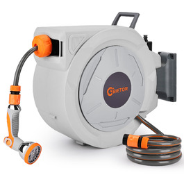 Висувна касета для садового шлангу на стіну, 2м шлангу + пістолет для поливу, повільне автоматичне змотування, фіксація шлангу на будь-якій довжині, поворотна кріплення 180°, максимальна довжина шлангу 30м