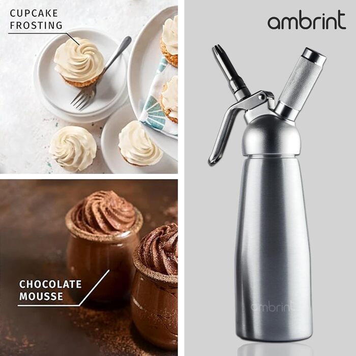 Дозатор для збитого вершку: міцний алюмінієвий кантер з 6 насадками (нержавіюча сталь & пластик), щітка для чищення та сумка для зберігання. Преміум-дозатор для домашніх десертів