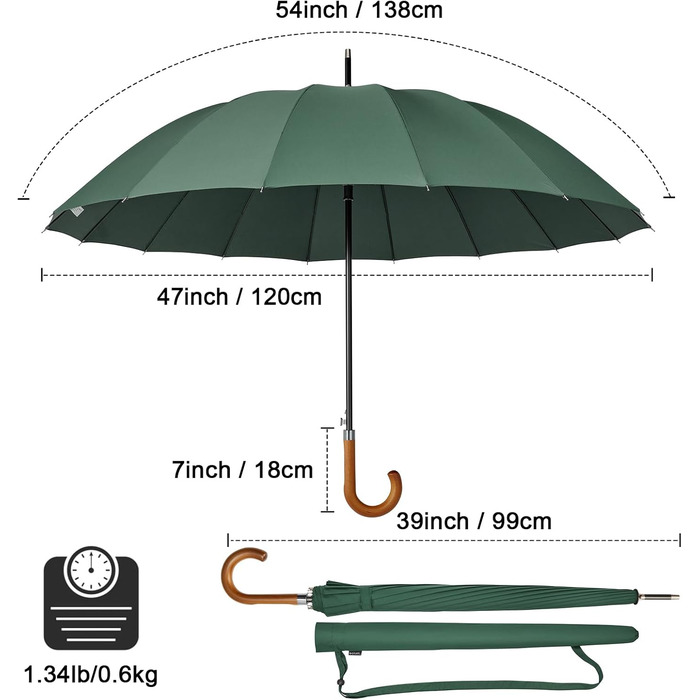 Велика туристична парасолька для гольфу для 2 осіб, штормонепроникна, легка, автоматична, дерев'яна ручка, 16 ребер, 4Free 54