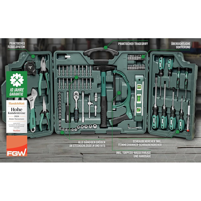 Набір інструментів Brüder Mannesmann 89 предметів, універсальний, сталь Cr-V: пила, молоток, плоскогубці, ключі, тріскачка, рівень M29085